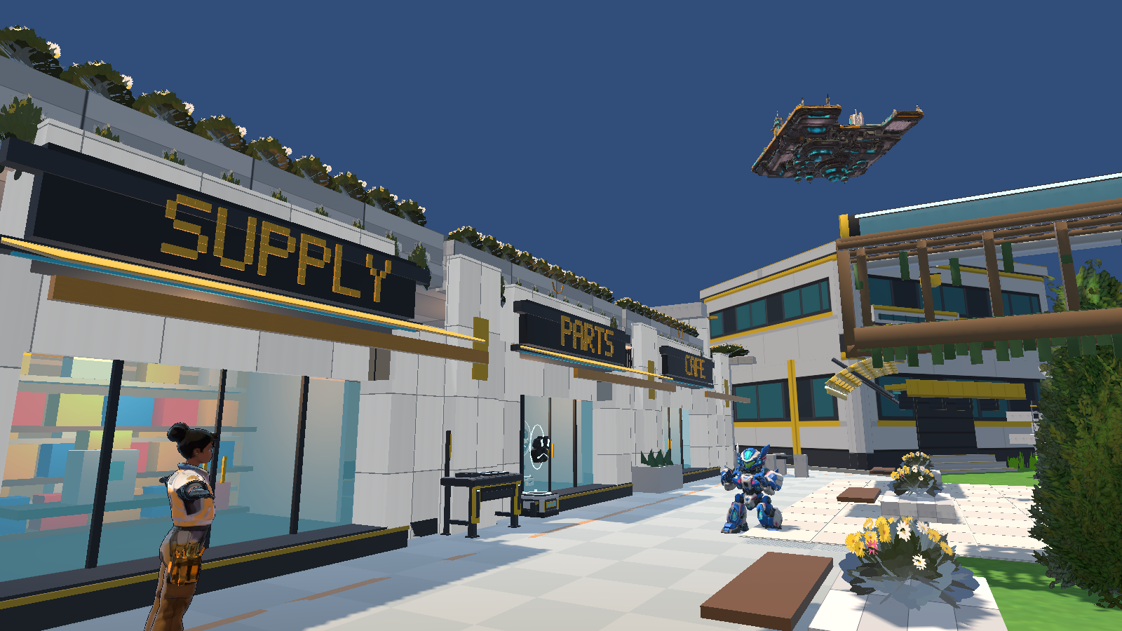 Development screenshot of Holobots Market Row, with storefronts, a character and a robot.