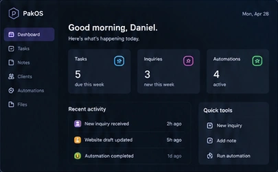 Illustrative PakOS dashboard concept with sample tasks and inquiries; this is a demo, not a live product screenshot.