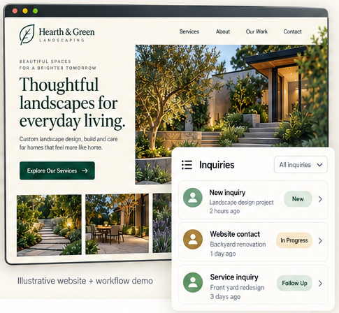 Illustrative landscaping website and inquiry workflow demo; sample content, not a client project.